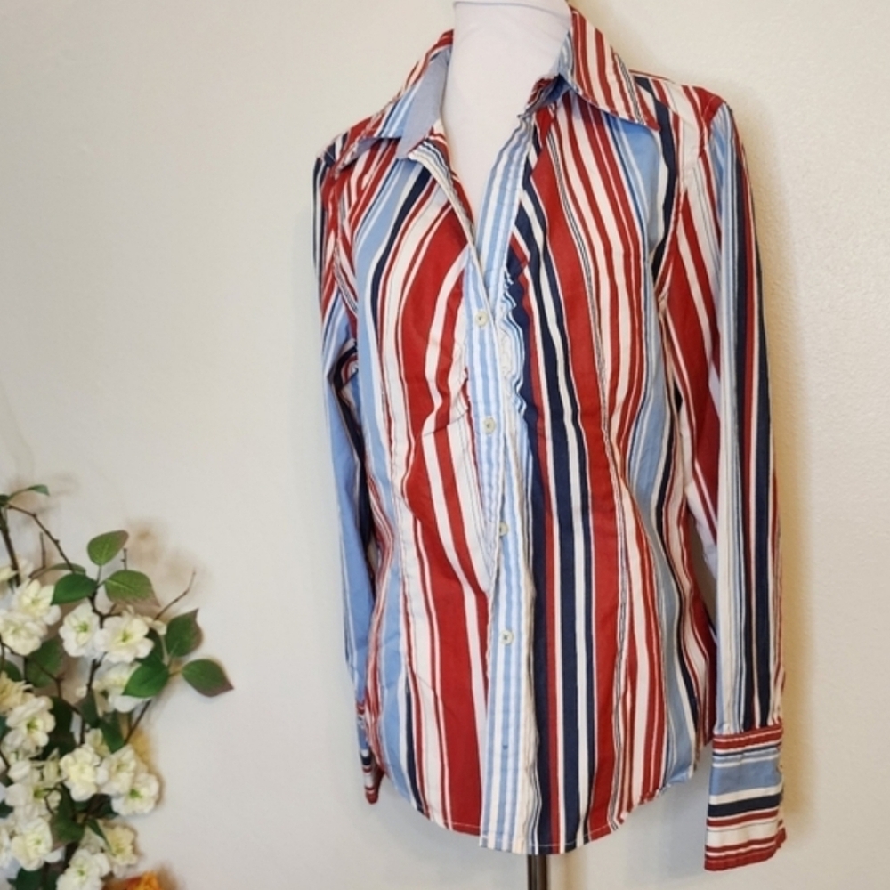 Tommy Hilfiger Western Red White Blue Stripe Button Front Shirt Womens - Picture 9 of 9
